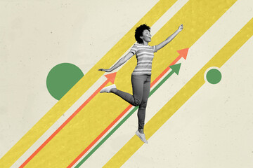 Pop zine sketch artwork collage of happy businessman businesswoman stand arrow development success statistics aim achievement