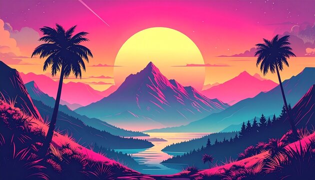 シンセウェーブ風の紫色の山々と巨大な夕日のレトロな風景画