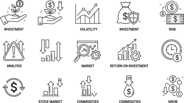 Finance investment outline icon set featuring stock market analysis volatility risk commodities growth trading and financial strategy concepts