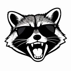 Edgy black and white flat vector illustration of a single rebellious raccoon wearing sunglasses and growling, expressive wildlife animal head with open mouth, minimalist street art style graphic. © Gayan