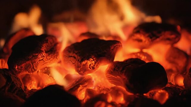 Close up view of burning charcoal pieces glowing orange inside a hot fire pit creating energy and warmth for camping or outdoor cooking background