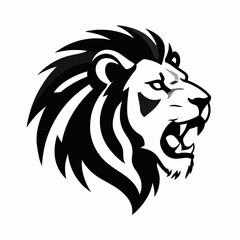 Minimalist Black Roaring Lion Head Vector Illustration, Bold Tribal Mane Profile Portrait of Wild Predator Lion Symbolizing Strength and Leadership, Isolated on White Background for Logo Design © Gayan