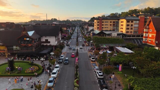 Aerial view of houses with European Alpine architecture on Borges de Medeiros Avenue - Gramado, Rio Grande do Sul, Brazil
