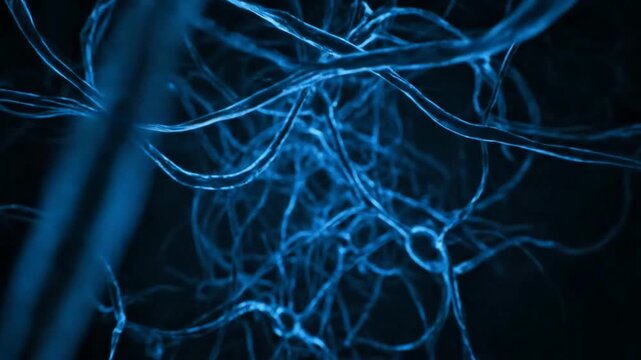 Abstract Neural Network with Glowing Blue Fibers and Dendritic Structures