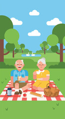 Fototapeta premium An elderly couple enjoy a sunny outdoor picnic in a lush green park landscape