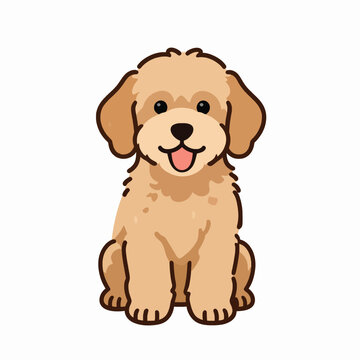 Friendly Goldendoodle puppy sitting and smiling, single ginger curly haired designer breed dog, flat vector illustration of a happy domestic pet isolated on white background, animal concept.