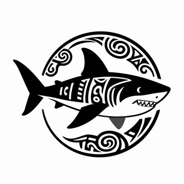 Single black flat vector illustration of a stylized shark with intricate Polynesian Maori tribal patterns, indigenous Pacific Islander art style, isolated on white background for cultural concept.