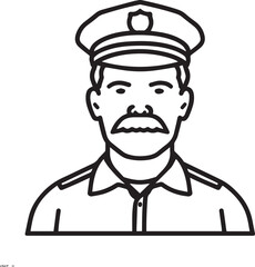 Obraz premium Hand Drawn Elderly Police Officer Man Black and White Illustration in Minimal Line Art Style Design