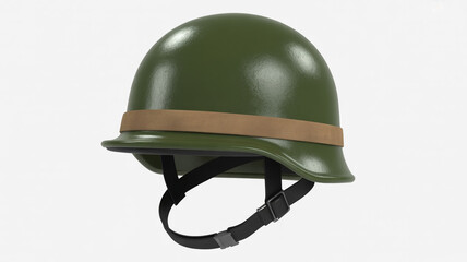Fototapeta premium Classic olive green military helmet with tan chin strap and padding isolated on white background