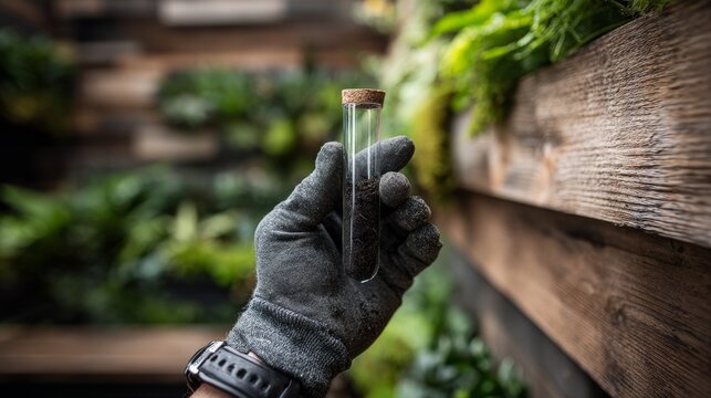 Closeup soil test tube hand glove laboratory science environment plant garden research ecology green analysis growth sustainability experiment organic nature detail precision study