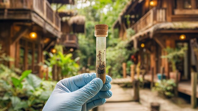 Closeup soil test tube hand glove laboratory science environment plant garden research ecology green analysis growth sustainability experiment organic nature detail precision study