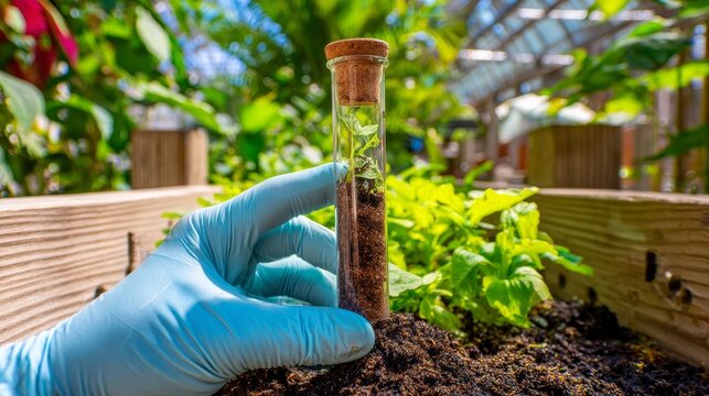 Closeup soil test tube hand glove laboratory science environment plant garden research ecology green analysis growth sustainability experiment organic nature detail precision study