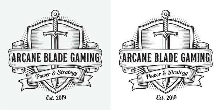Arcane Blade Gaming Logo Design, Medieval Sword and Shield Emblem with Sunburst and Ribbon, Vintage Woodcut Style