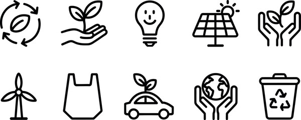 Collection of diverse ecofriendly icons representing sustainability and green initiatives © Mdaminul