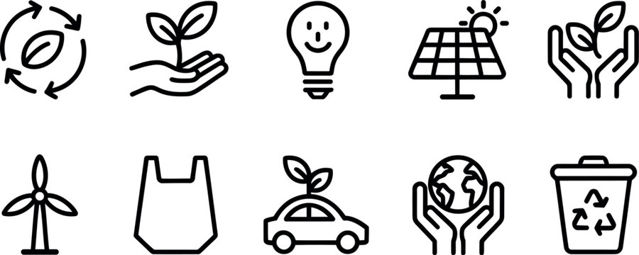 Collection of diverse ecofriendly icons representing sustainability and green initiatives
