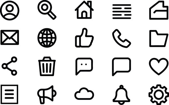 Collection of twenty universal black line art icons representing common digital interface elements and actions