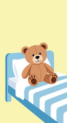 Obraz premium A cute brown stuffed teddy bear sitting upright on a small blue striped bed