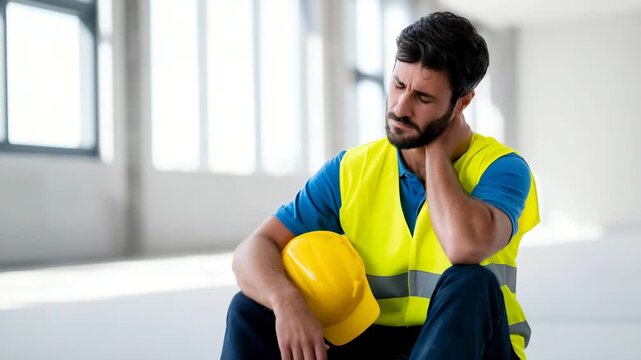 Industrial worker with neck pain sitting on construction site floor, occupational injury and manual labor stress concept, tired male employee in safety vest with helmet, workplace 4K