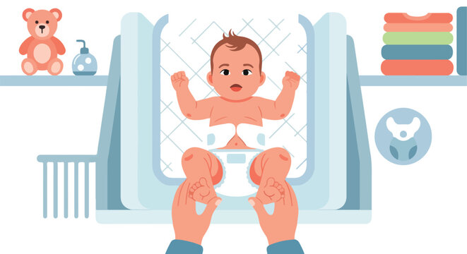An illustration showing hands changing a baby's diaper on a soft changing table