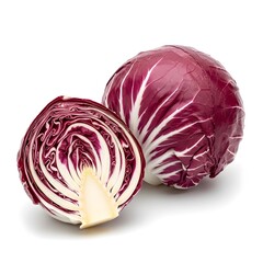Fototapeta premium Whole radicchio beside one cut half showing purple-white veins, isolated white background