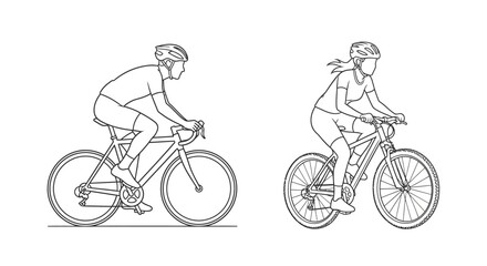 Fototapeta premium Line drawing of a male and female cyclist riding bicycles side by side