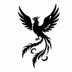 Fototapeta premium Majestic Phoenix Bird in Mid-Flight Flat Vector Illustration, Tribal Tattoo Style Black Silhouette Soaring Upwards with Flowing Feathers, Minimalist Mythical Creature Graphic Isolated on White