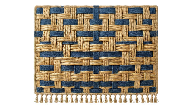 Square denim and woven raffia wall art with fringe