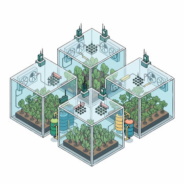 Isometric view of four indoor plant cultivation grow boxes.