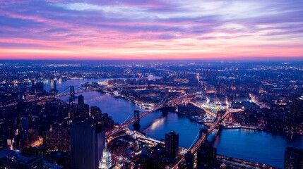 Obraz premium skyline sunset city aerial river bridge buildings urban skyline manhattan waterfront lights reflection panorama goldenhour architecture downtown metropolis dusk sky travel landmark scenic