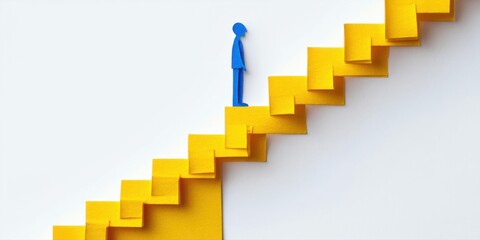 Fototapeta premium Minimalist image depicts blue figure ascending yellow paper steps. Symbolizes progress, challenge, ambition, success. Clean aesthetic.