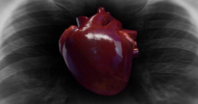 Camera zoom from chest xray heart to microscopic virus. Healthcare and biology related 3D medical footage.