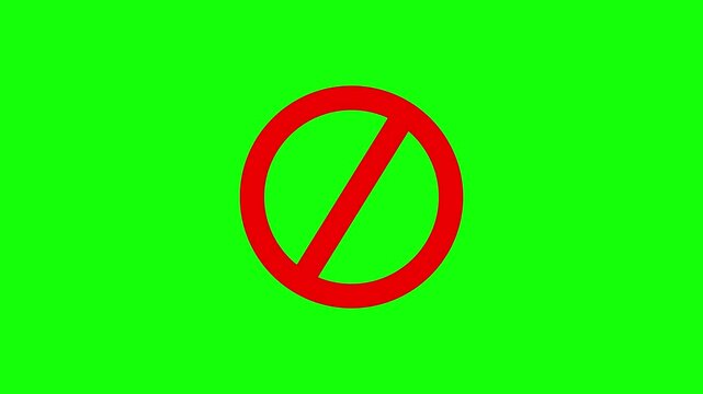A bright green background features a red circle with a diagonal slash