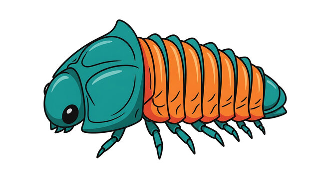 A colorful vector illustration of a cartoon centipede with a teal body and orange segments.