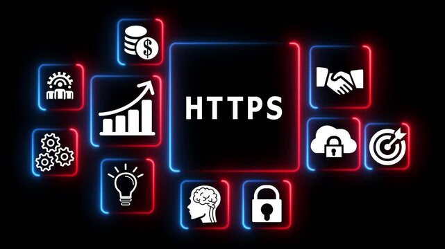 Neon business featuring h t p s encryption digital security technology data protection