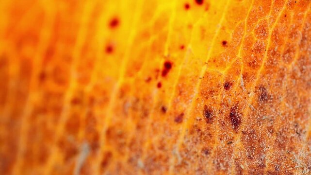 Slow Motion Macro Shot of Leaf decaying and decomposing, showing intricate vein patterns and textures in autumnal colors with soft diffused light at 180 fps High quality footage