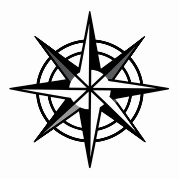 Mystical Viking Vegvisir Compass Symbol, Intricate Norse Mythology Runic Wayfinder for Protection and Guidance, Minimalist Black and White Flat Vector Illustration Isolated on White Background