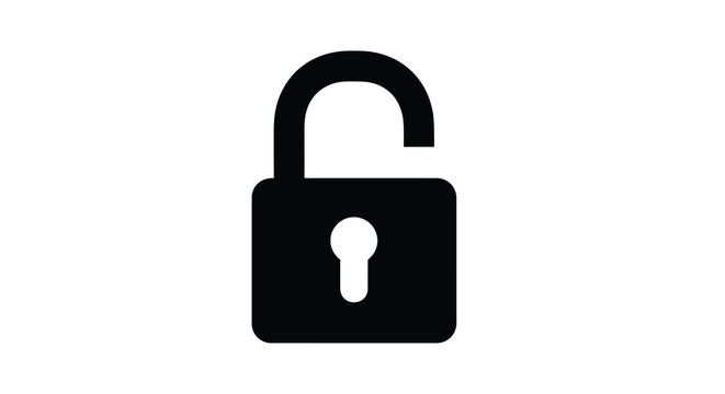 Simple black and white icon depicting an open padlock on a white background