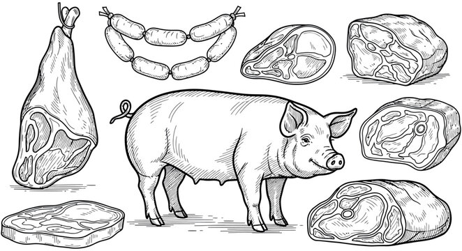 Detailed vintage illustration showcasing a healthy pig alongside various fresh pork meat cuts, including ham, sausages, and steaks, perfect for butchery, farm, and food market designs