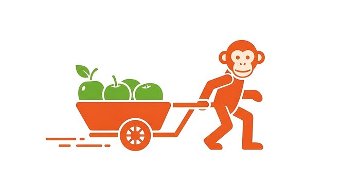 Monkey pushing a wheelbarrow with apples