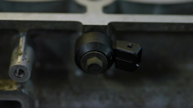 Close-up of a black knock sensor installed on engine block.