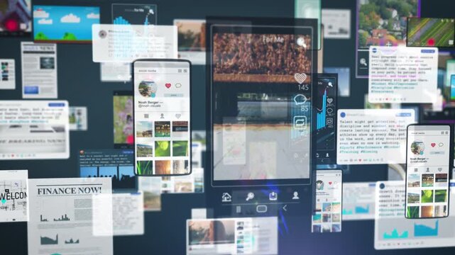 Layered digital screens with social media feeds and profile interfaces floating in depth, highlighting content consumption, algorithm driven recommendations, and immersive mobile browsing experience.