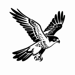 Obraz premium Stunning Black and White Flat Vector Illustration of a Single Soaring Peregrine Falcon Bird of Prey Flying Isolated on White Background Representing Freedom and Power in a Minimalist Nature Concept