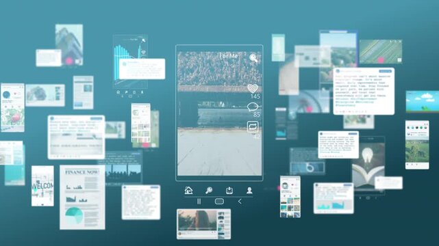 Floating digital interfaces with highlighted central feed panel showcasing curated content, symbolizing algorithm based content selection and personalized user experience across social platforms.