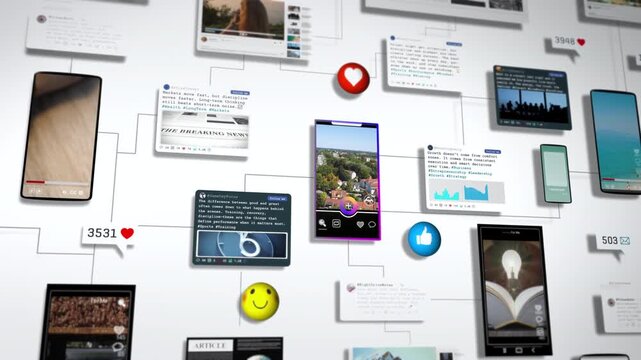 Complex network of digital content panels and mobile interfaces connected by lines, illustrating social media interaction, engagement metrics, and multi platform communication in a clean modern layout