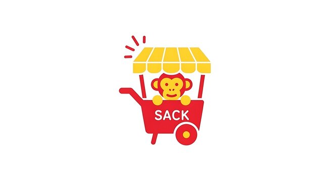 A monkey sitting in a red cart with a yellow awning