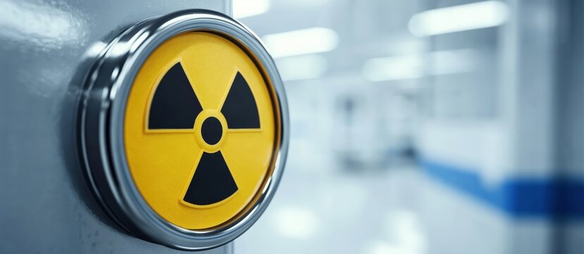A close-up of a circular button with the radiation hazard symbol, set against a blurred industrial or laboratory background.