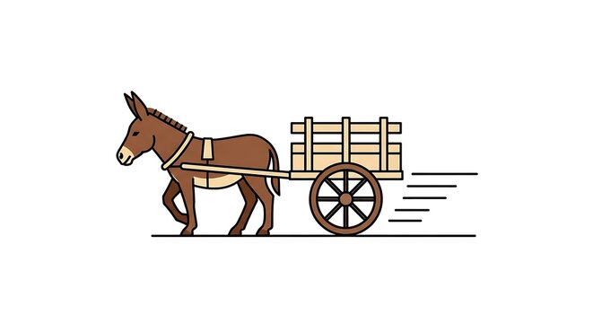 A brown donkey pulling a cart