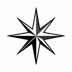 Obraz premium Minimalist black and white flat vector illustration of a single celestial North Star icon with sharp geometric points, isolated on white background for navigation and astronomy concepts.