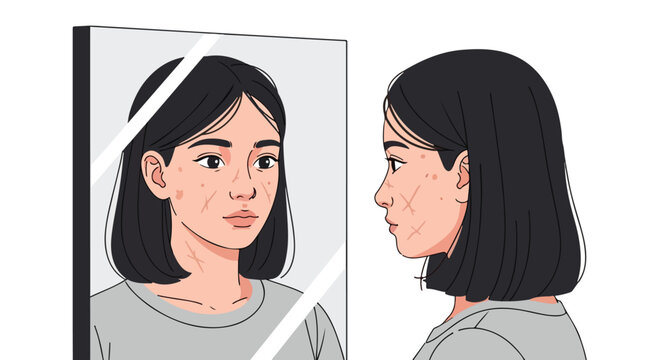 A young woman with facial scarring looks at her reflection in a large mirror