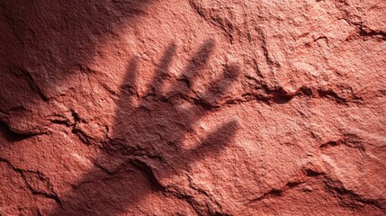 Fototapeta premium Hand shadow casting on a rough red stone surface creating a textured background, symbolizing human presence, ancient art, and prehistoric communication in natural settings